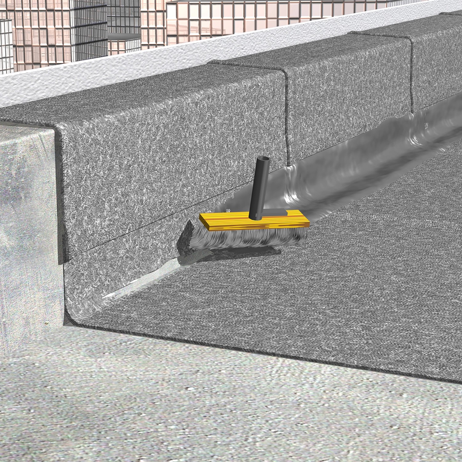 Anwendung von MEM Water Stop Bauabdichtung (14 kg) mit Quast auf einer Dachfläche.