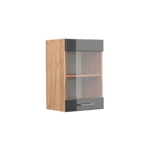 Vicco Küchenglasschrank R-Line, anthrazit/Eiche, 40 cm. Hängeschrank mit Glastür und zwei Regalböden.