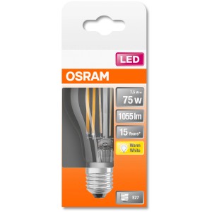 Osram E27 LED Leuchtmittel in Glühlampenform, 7,5W, warmweiß, für stimmungsvolle Beleuchtung.