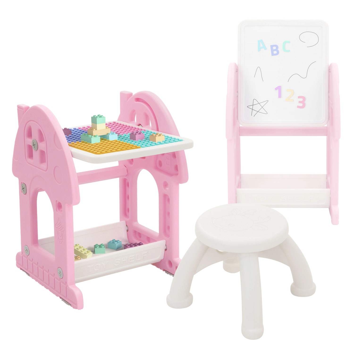 Joyz 2in1 Spieltisch mit Hocker, rosa-weiß, mit Maltafel und Stauraum für Spielzeug.