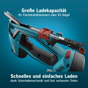 Novus Akkutacker J-551: Detailaufnahme des Tackers mit Klammern. Ideal für Folien und Zierleisten.