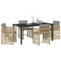 Beige 5-tlg. Garten Essgruppe aus Poly Rattan. Gartentisch mit 4 Stühlen und grauen Auflagen.