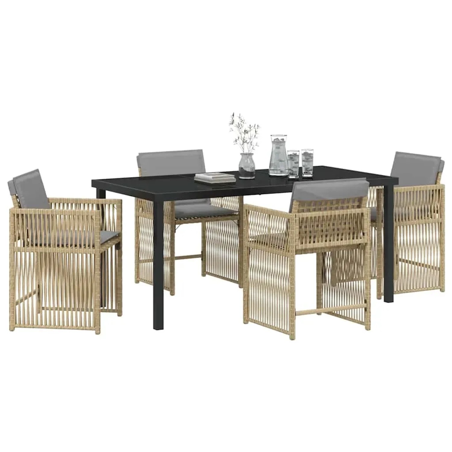 Beige 5-tlg. Garten Essgruppe aus Poly Rattan. Gartentisch mit 4 Stühlen und grauen Auflagen.