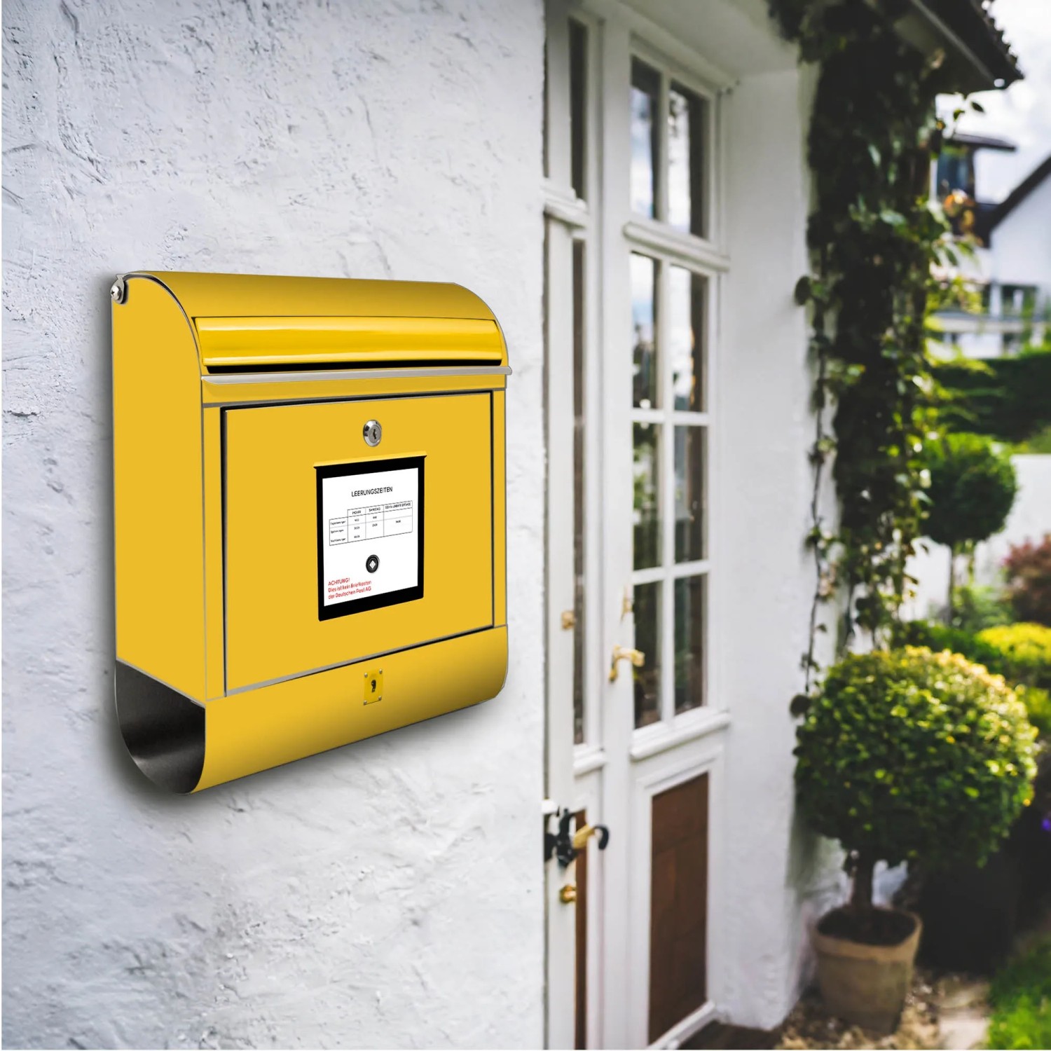 Gelber Banjado Edelstahl Briefkasten mit Zeitungsfach und Motiv an Hauswand.