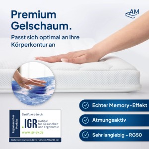 AM Qualitätsmatratzen 7 Zonen Deluxe Gel Topper RG50 Made in Germany  90x200cm
