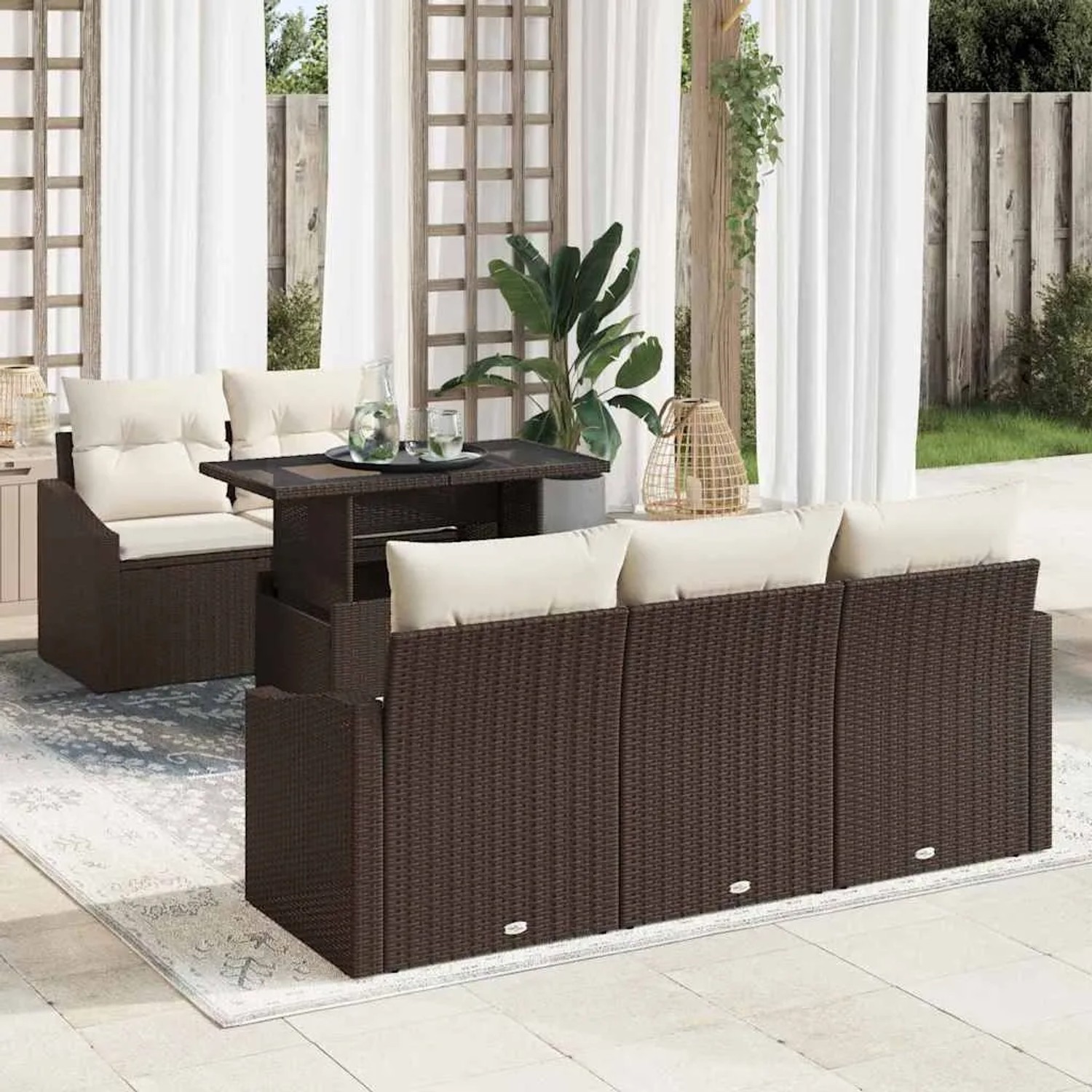 Braunes 6-tlg. vidaXL Garten-Sofa-Set aus Poly Rattan mit Tisch und Auflagen.