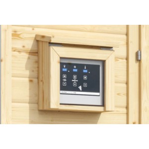 Karibu Steuergerätverkleidung aus naturbelassenem Holz für Außensauna, schützt vor Witterung.