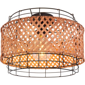 Globo Deckenleuchte Gina, Ø 35 cm, im Industrial/Boho Design mit schwarzem Metall und Bambusgeflecht.