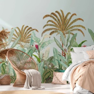 PROFHOME Fototapete Dschungel mit Palmen, Blättern in Blau, Grün, Pink und Braun.
