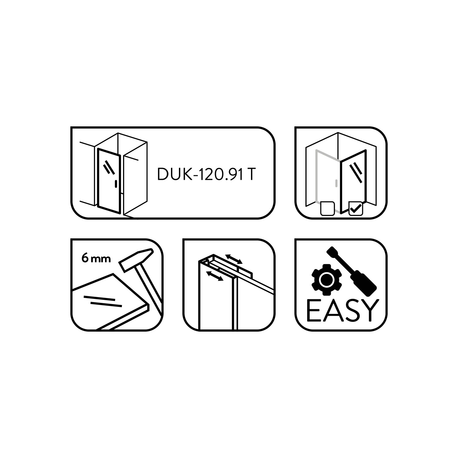 Piktogramme zur baliv Seitenwand DUK-90.91W: Montage, Glasstärke, Duschkabineneinbau.