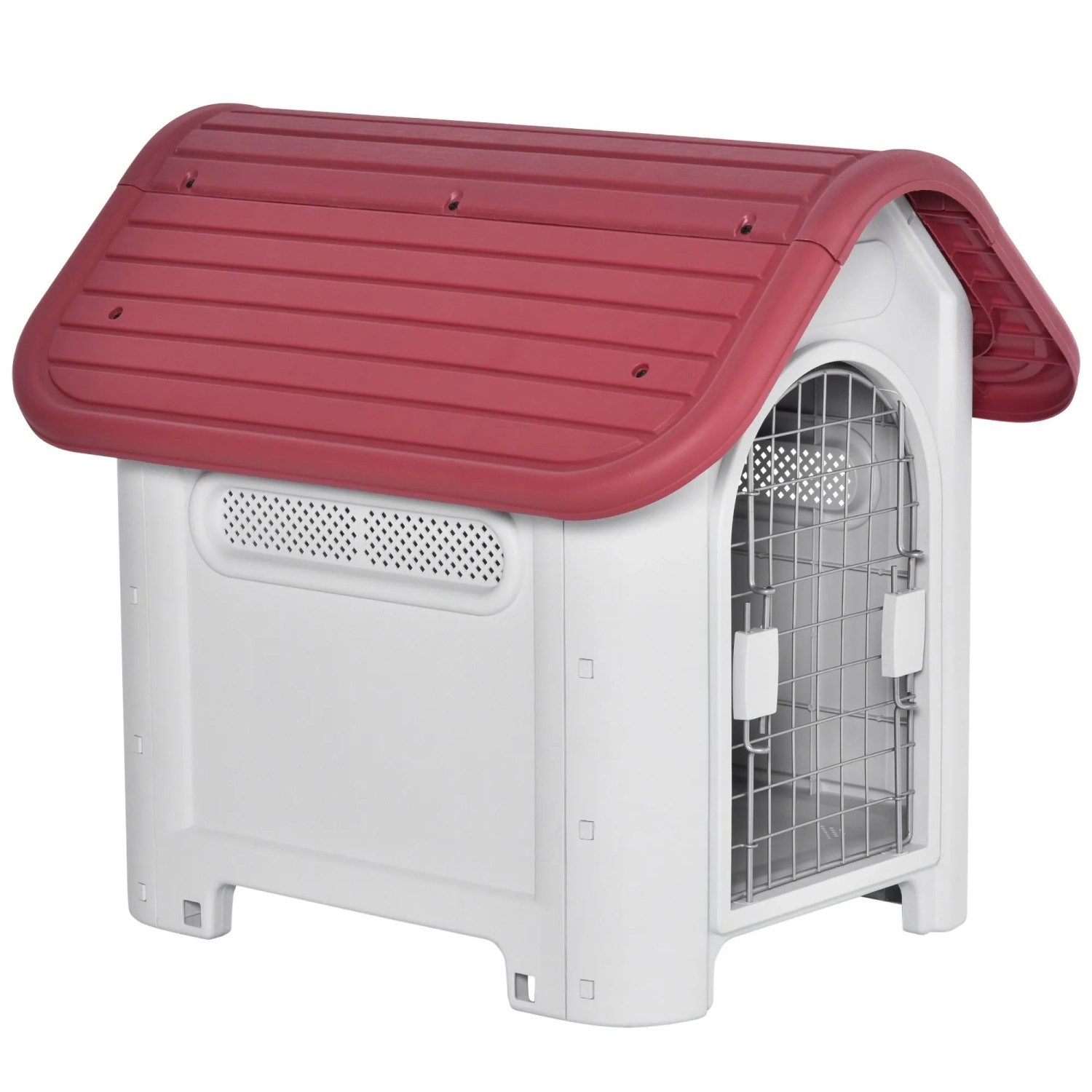 PawHut Hundehütte mit Dachluke Tor Unterschlupf Rot Hellgrau 59 x 75 x 66 cm