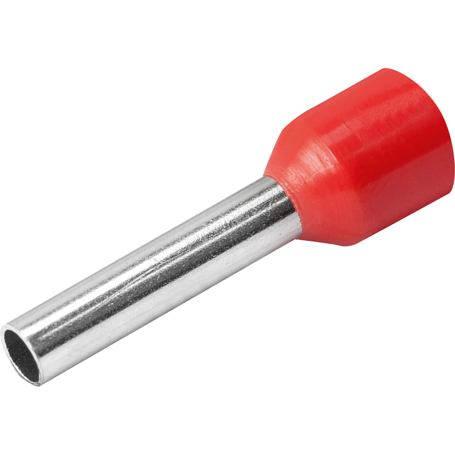 Ader-Hülse E10-18, 5 Stück, mit roter Isolierung und silberfarbener Metallhülse.