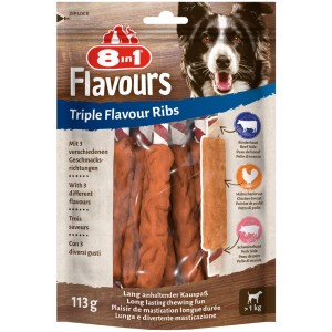 8in1 Triple Flavour Ribs, 6 Stück. Hunde-Snack mit Rind, Huhn und Schwein für lang anhaltenden Kauspaß.