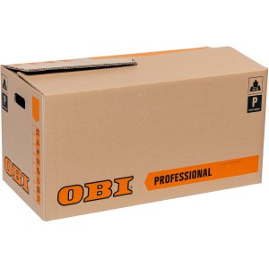 OBI Umzugskarton Professional, 80 l, braun, mit Tragegriffen und Beschriftungsfeldern.