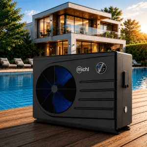 Michl Inverter Pool-Wärmepumpe M-PWP1, schwarz, mit blauem Lüfter auf Holzdeck am Pool. Effizientes Heizsystem für Schwimmbäder.