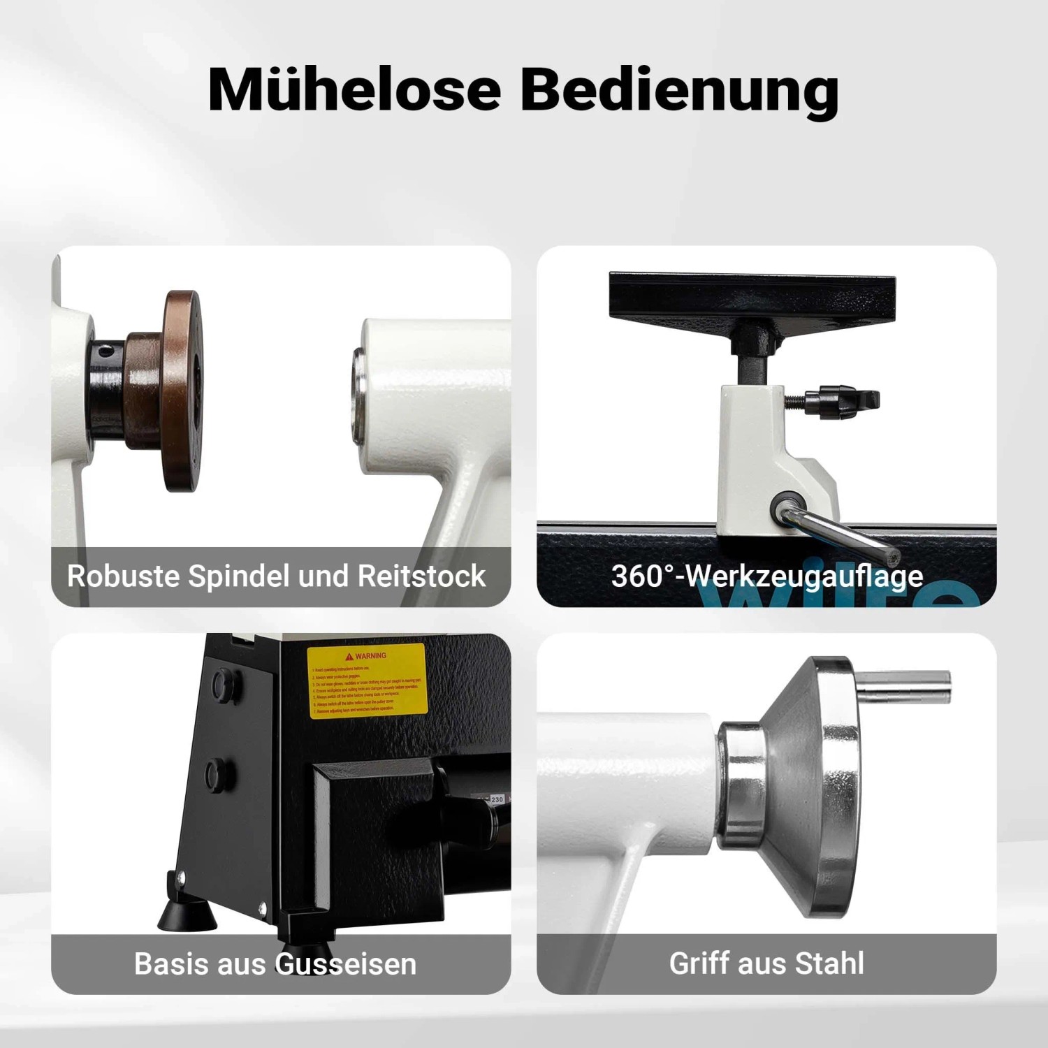 Wiltec Drechselbank: Robuste Spindel, Reitstock, 360° Werkzeugauflage, Gusseisenbasis, Stahlgriff für präzise Holzarbeiten.