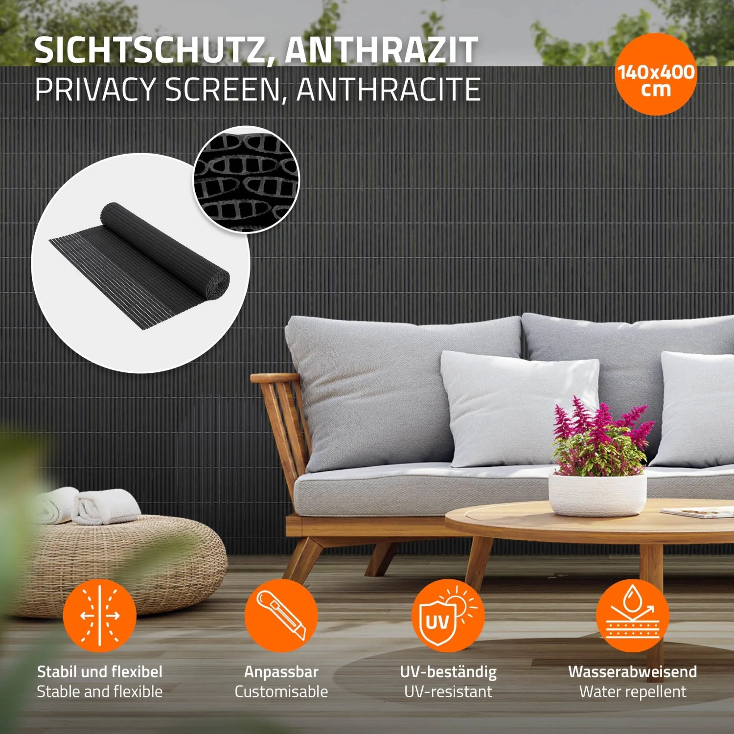 Anthrazitfarbene PVC Sichtschutzmatte 140x400 cm als Windschutz für Terrasse und Garten.