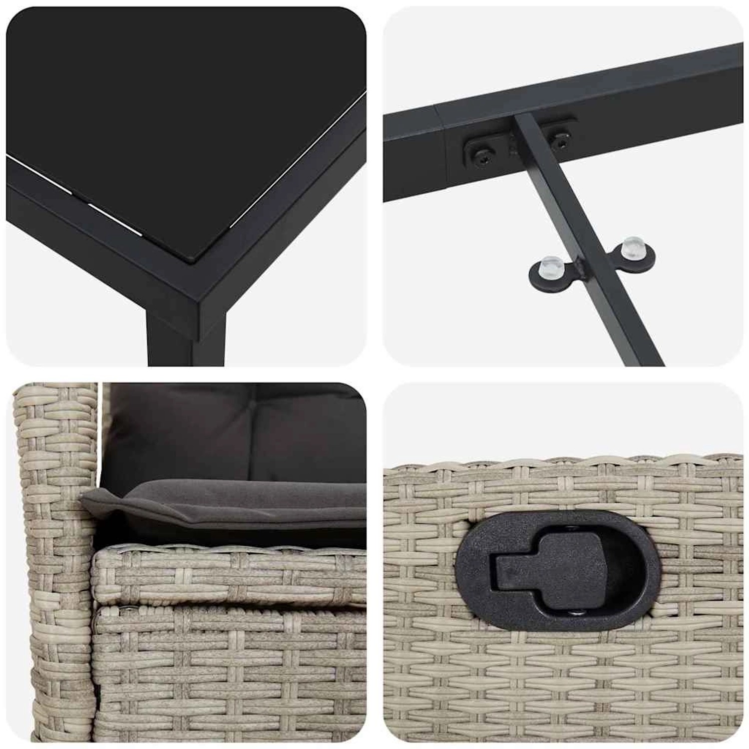 Detailansichten der vidaXL Garten Essgruppe, hellgraues Poly Rattan, Tischplatte, Stuhlgeflecht und Mechanismus.