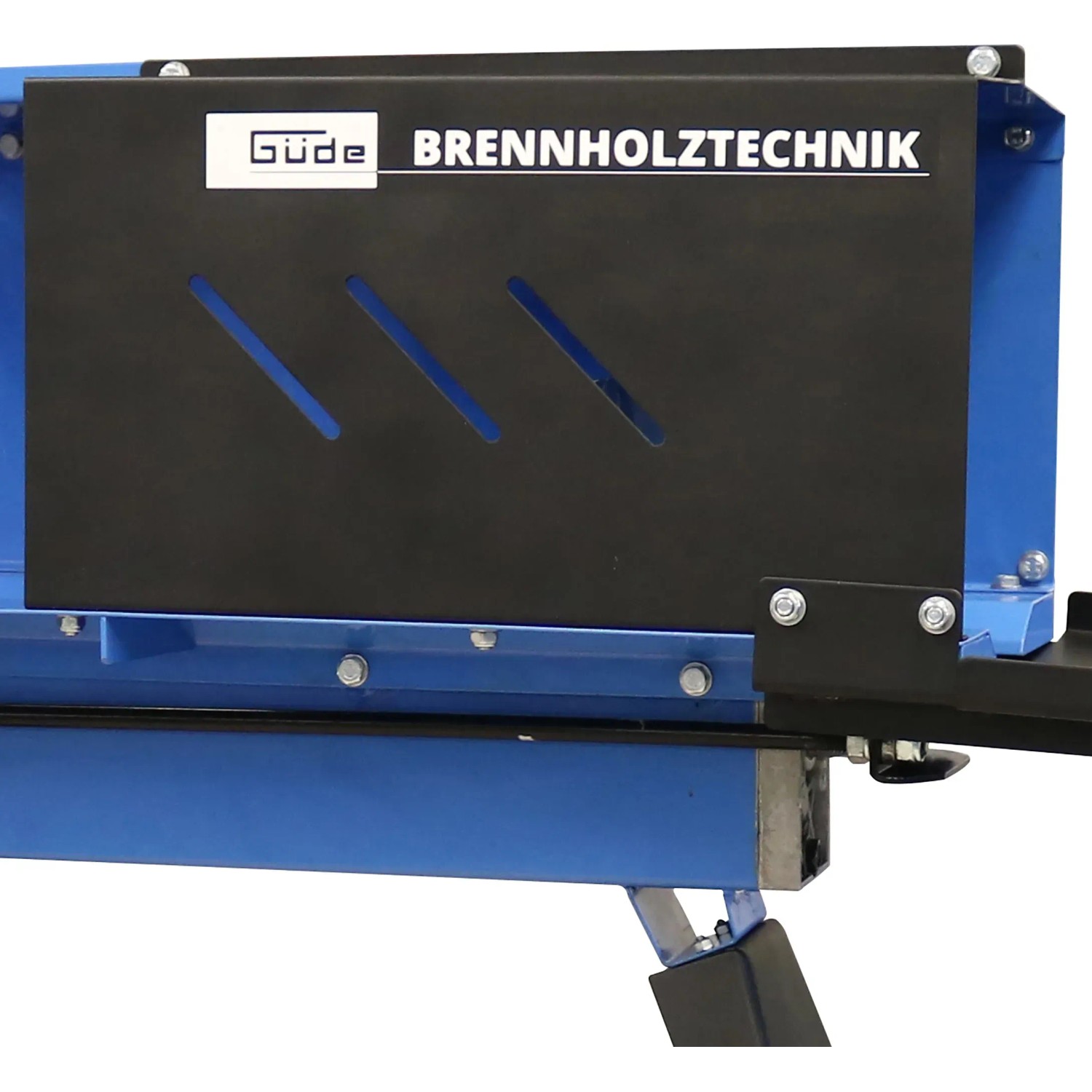 Detailaufnahme des Güde Holzspalter GHS 370/4TE mit Sicherheitsabdeckung und Ablagetisch.