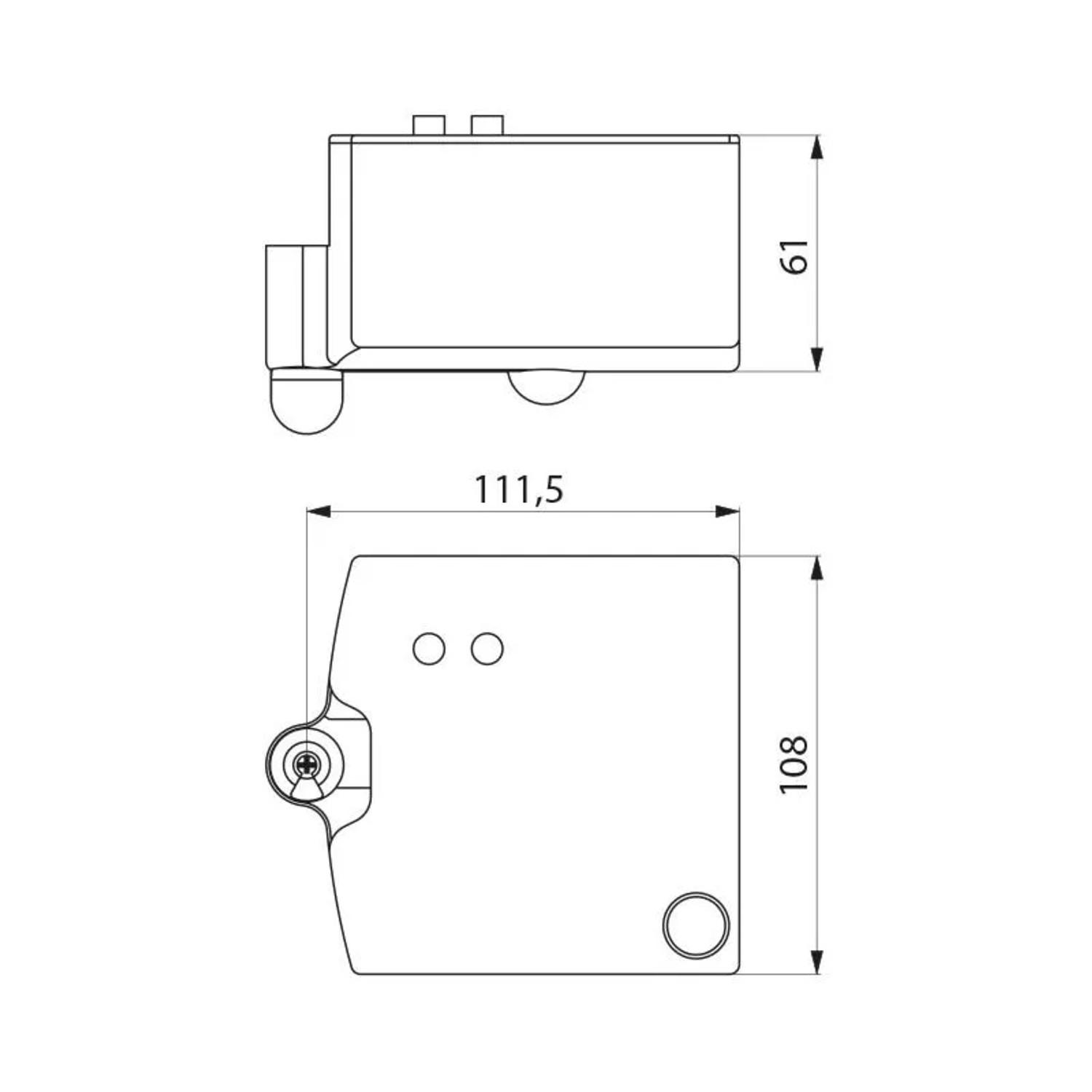 Technische Zeichnung: Delabie Wasserauffangbehälter für SPEEDJET 2, Maße 108x115x61 mm.