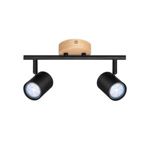 NETTLIFE Deckenstrahler, schwarz, mit zwei schwenkbaren Metall-Spots und hellem Holzsockel. Modernes Design.