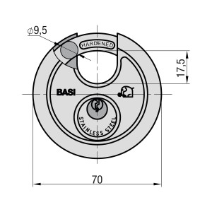 Technische Zeichnung: Basi Rundbügel-Vorhangschloss RVS 610, 70mm, Edelstahlgehäuse, Maße