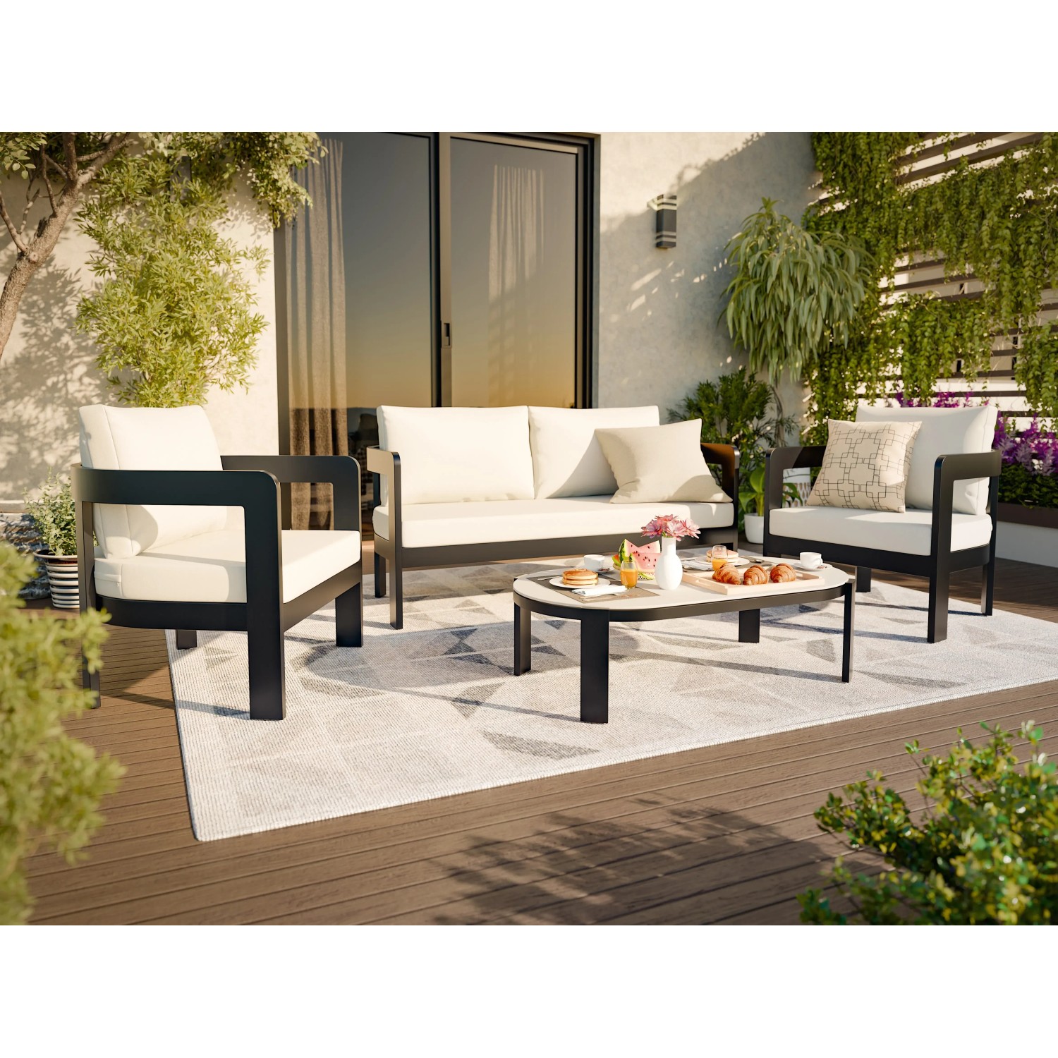 4-teilige Lounge-Gruppe Sorreno in Anthrazit/Weiß: 2 Sessel, Bank, Tisch. Gartenmöbel für entspannte Stunden.