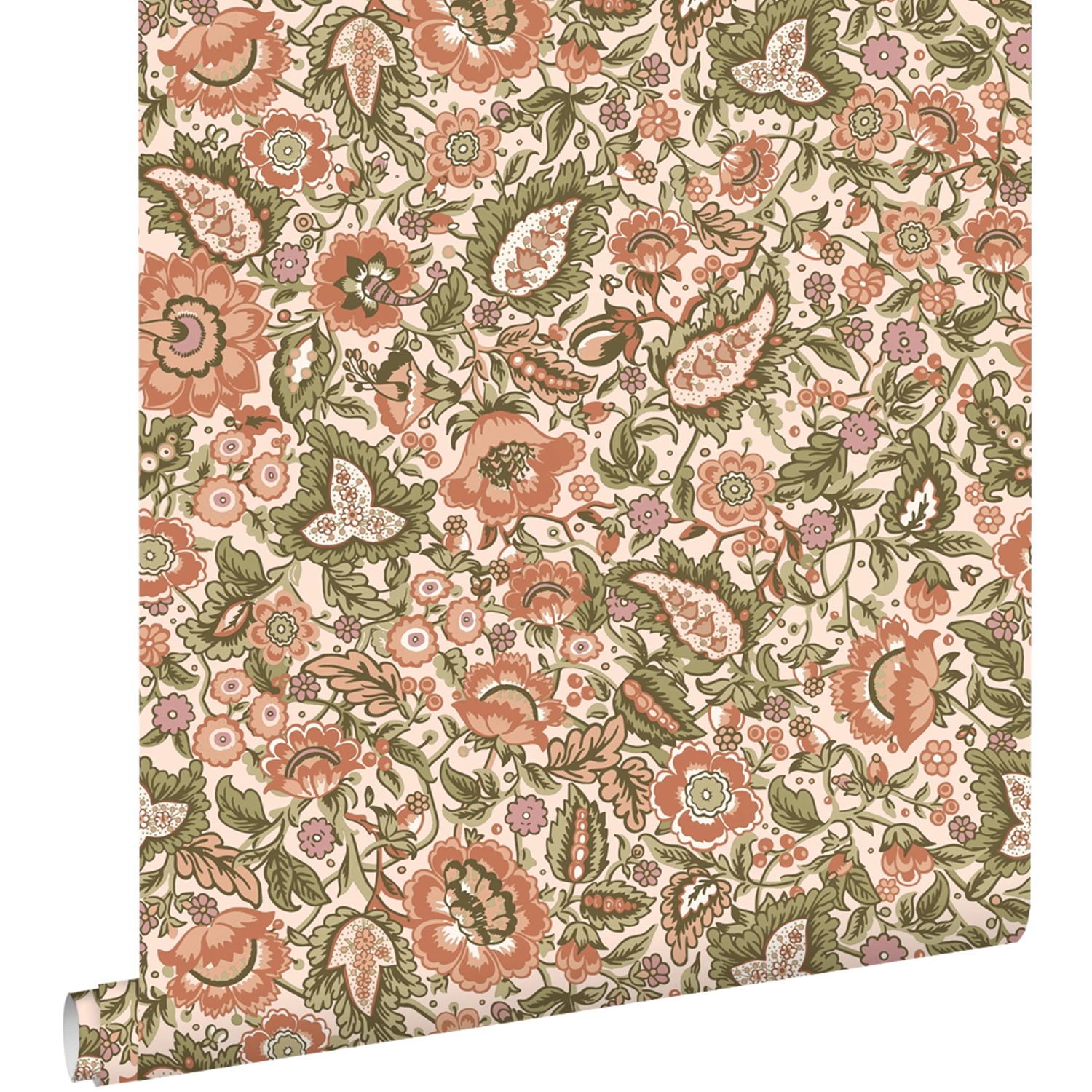 ESTAhome Tapete Blumenmuster Grün und Terrakotta 50 x 900 cm