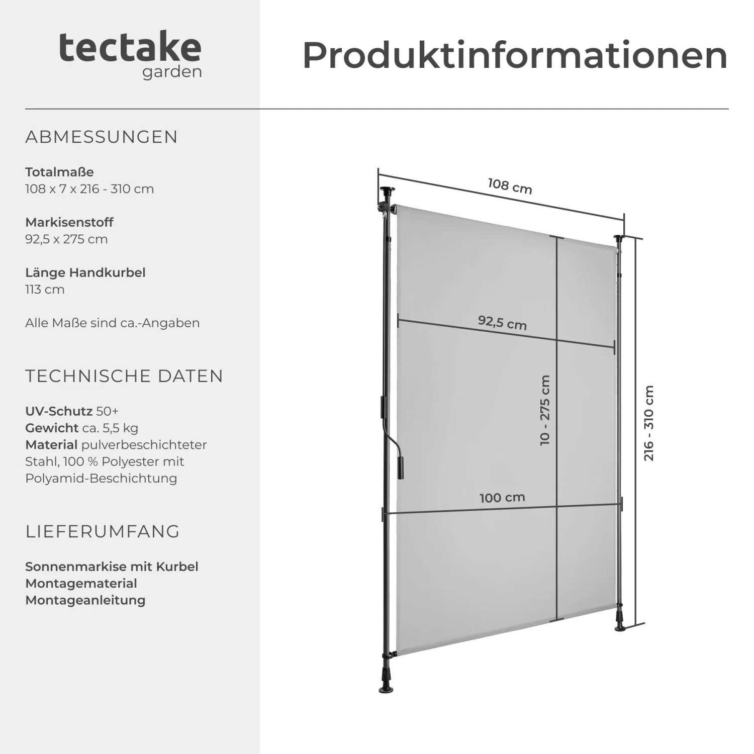 Tectake Klemmmarkise Taija Verschiedene Größen Uv Beständig und Wasserabweisend 100 x 310 cm 7 x 108 x 310 cm Hellgrau_6