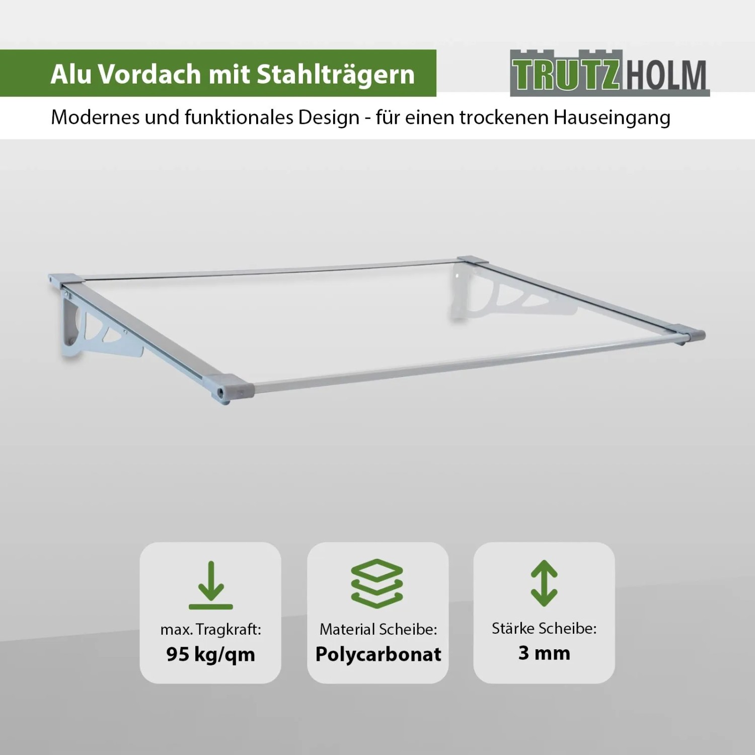 TRUTZHOLM Vordach 120x80 cm, grau, mit transparentem Pultdach aus Kunststoff und Alu-Rahmen.