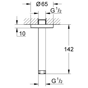 Technische Zeichnung: Grohe Rainshower Deckenauslass, 142 mm Länge, mit Maßangaben.