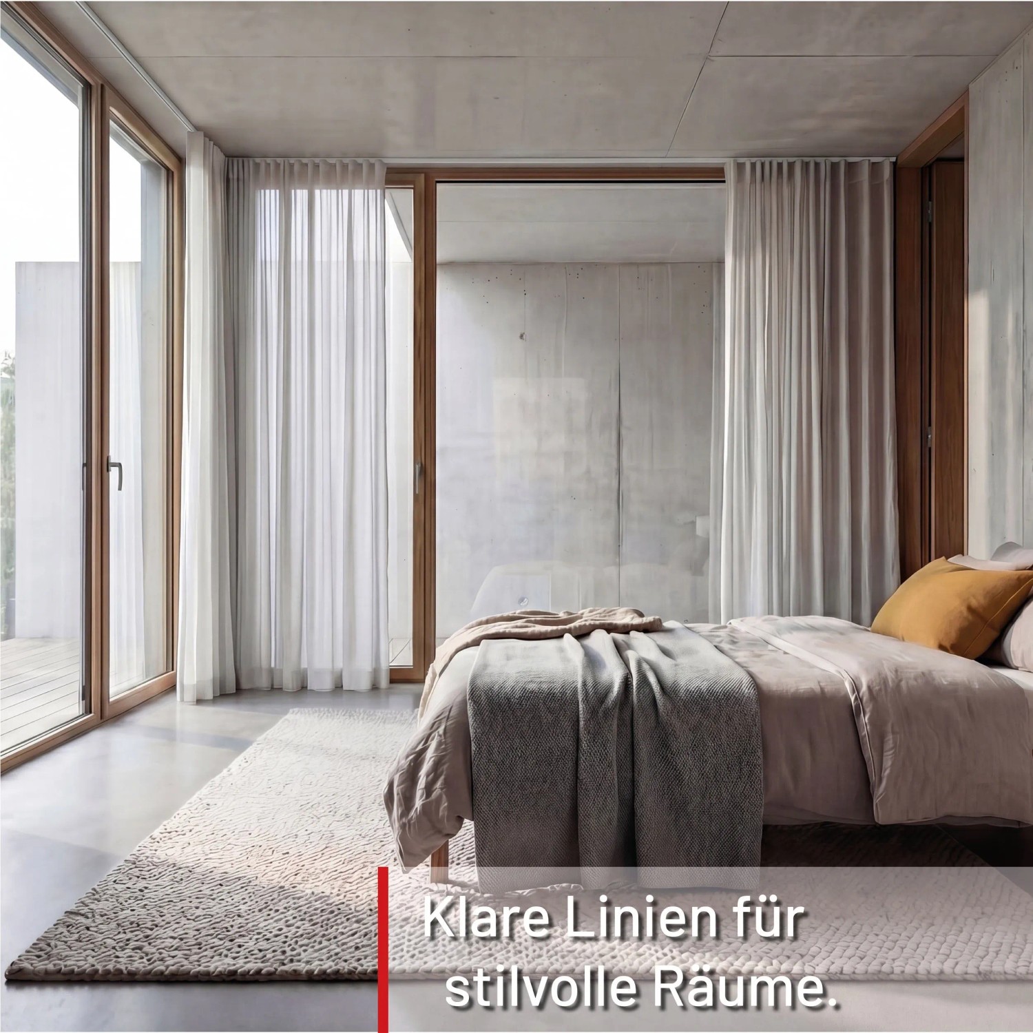 Modernes Schlafzimmer mit großen Fenstern, weißen Gardinen und einer Gardinenschiene. Schafft stilvolle Räume.