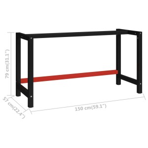 Werkbankgestell von vidaXL, Metall, 150x57x79 cm, schwarz und rot. Tischgestell für Werkbank.