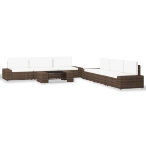 Braunes 7-teiliges Garten Lounge Set aus Poly Rattan mit cremeweißen Polstern und Tisch.