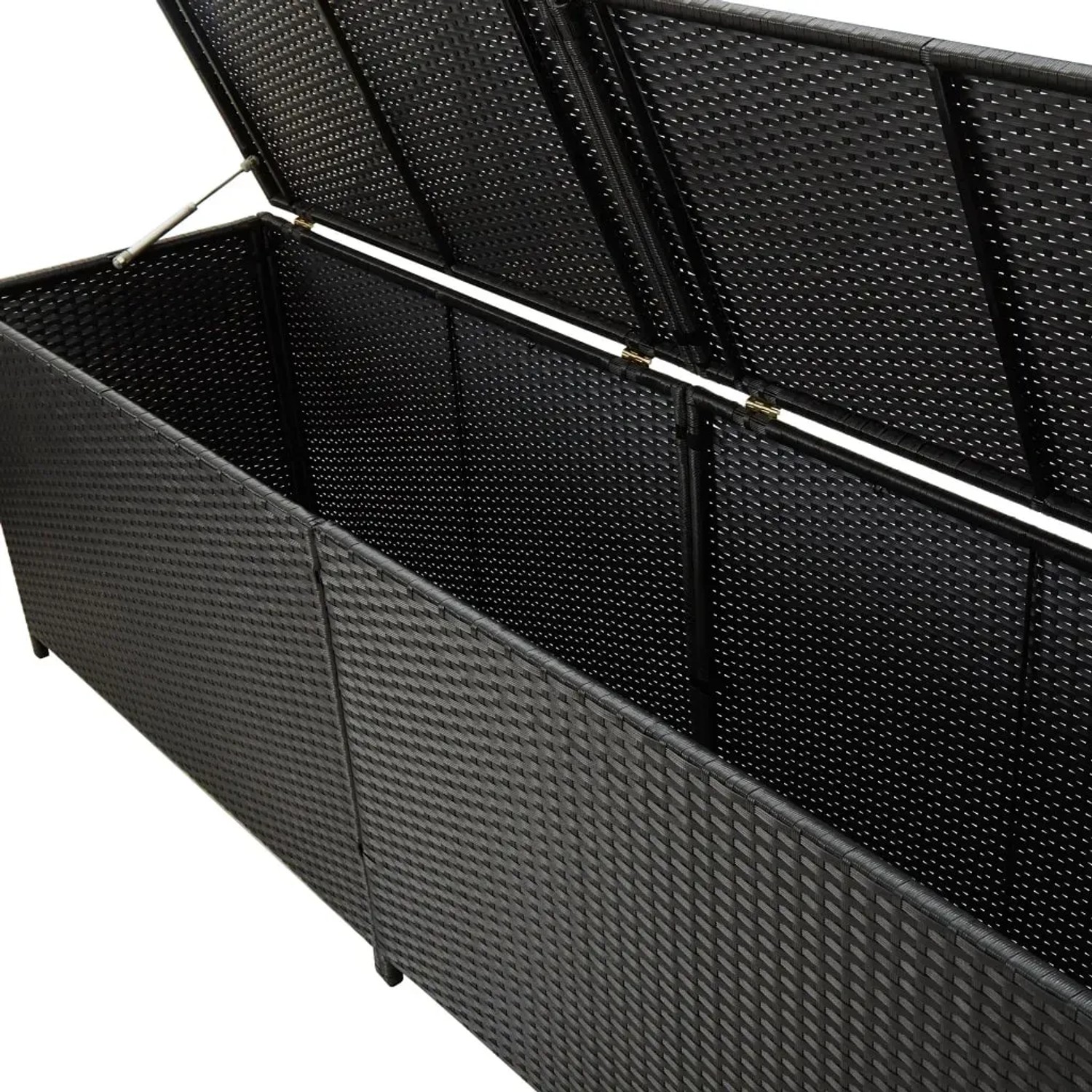 Schwarze VidaXL Gartenbox aus Rattan, 200x50x60 cm, mit geöffnetem Deckel.