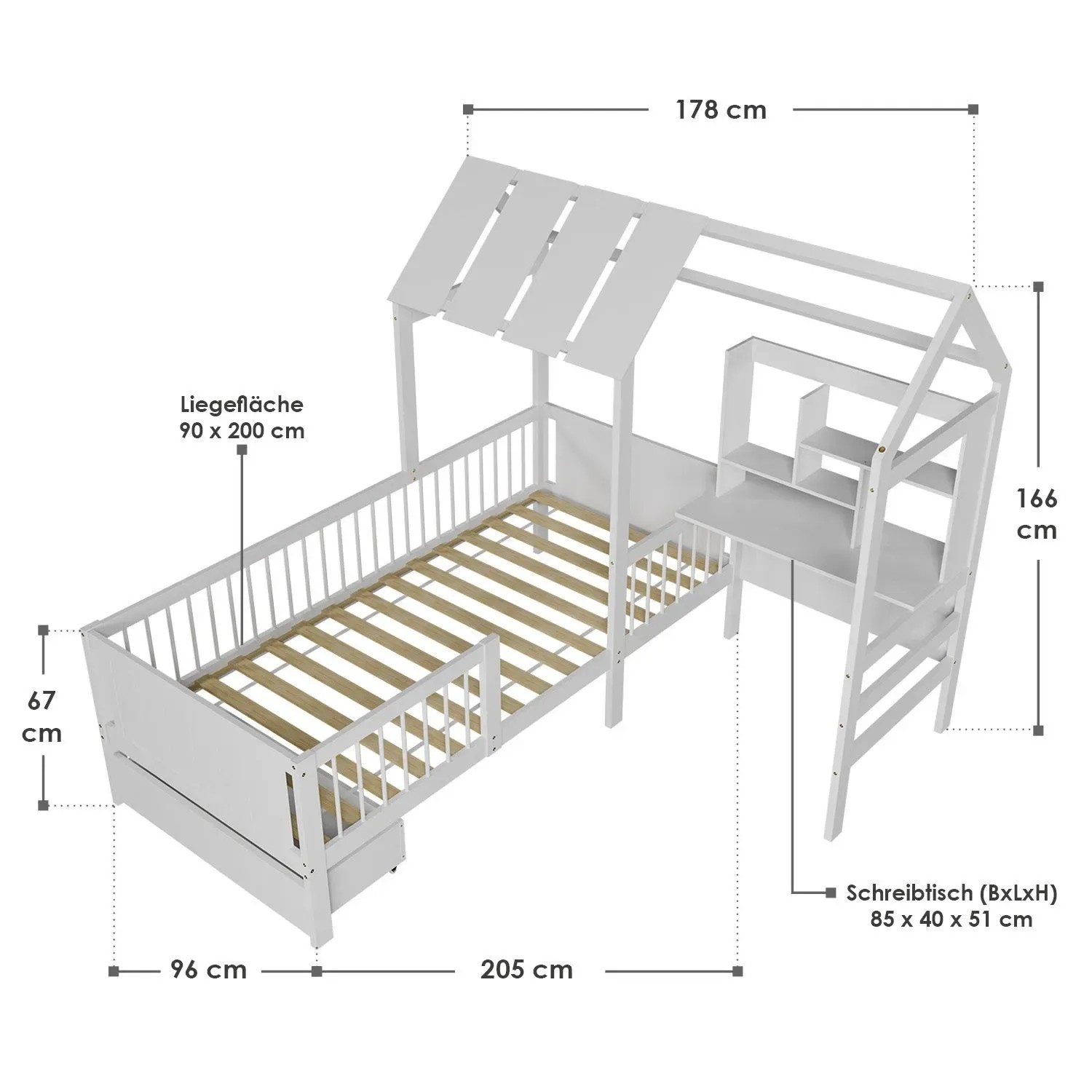 Weißes Juskys Kinderbett Yari 90x200 mit Schreibtisch und Schublade.