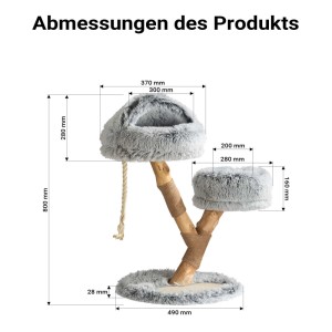 Maßzeichnung Fudajo Kratzbaum mit Zweigdesign, Katzenhöhle, Plüsch und Sisal. Zeigt alle Abmessungen des 80cm Katzenbaums.