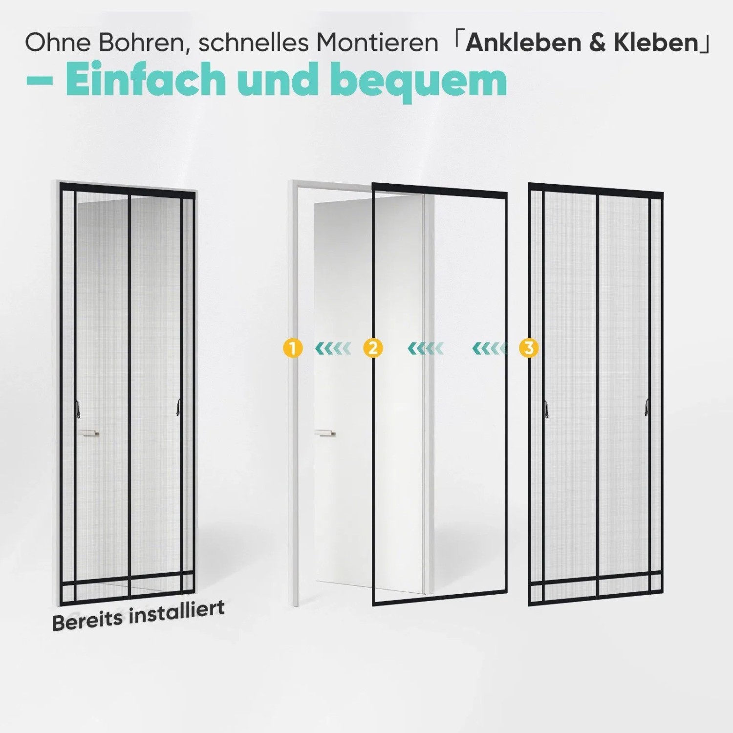Magnetisches Fliegengitter für Balkontür, Montage ohne Bohren in 3 Schritten gezeigt. Einfacher Insektenschutz.