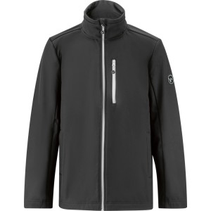 Schwarze Softshell-Jacke mit hellem Reißverschluss, Stehkragen und Brusttasche. Ideal für Arbeitsbekleidung.