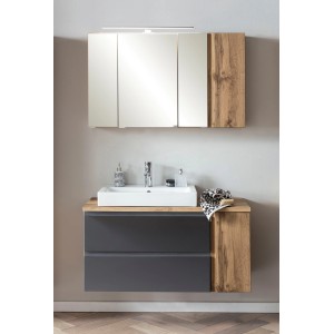 Held Möbel Waschtisch-Set Ancona, 105 cm, grau/Wotaneiche, Becken links, mit Spiegelschrank und LED-Leuchte.