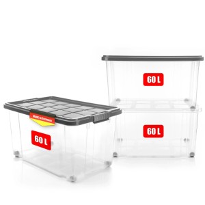 3er Set BigDean Aufbewahrungsboxen, 60L, stahlgraue Deckel, transparent, stapelbar, mit Rollen.