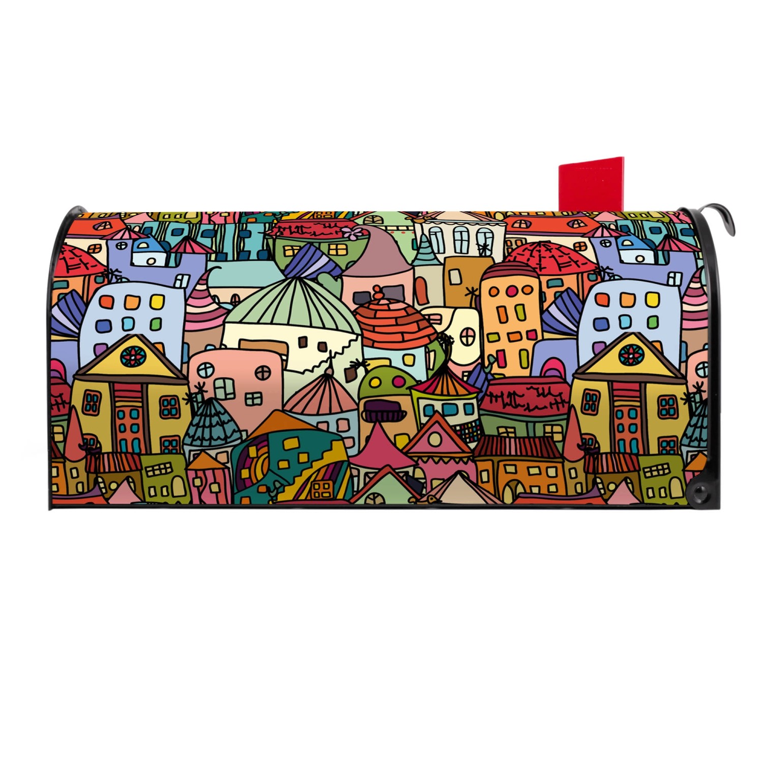 Banjado US Briefkasten Schwarz mit Funky Town Motiv, Stahl, 48x22x16cm. Postkasten mit roter Fahne.