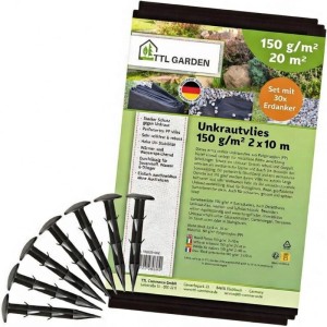 TTL GARDEN Unkrautvlies 150g/m² 2x10m 20m² Schwarz inkl. 30x Erdanker 12cm Gartenvlies gegen Unkraut