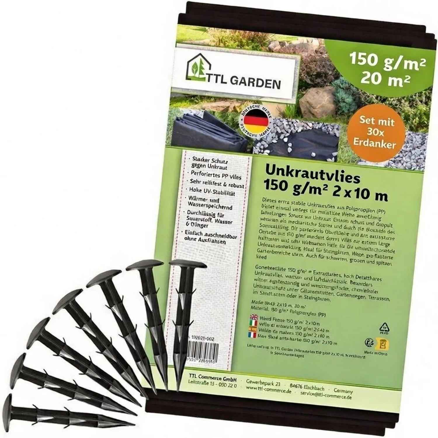TTL GARDEN Unkrautvlies 150g/m² 2x10m 20m² Schwarz inkl. 30x Erdanker 12cm Gartenvlies gegen Unkraut