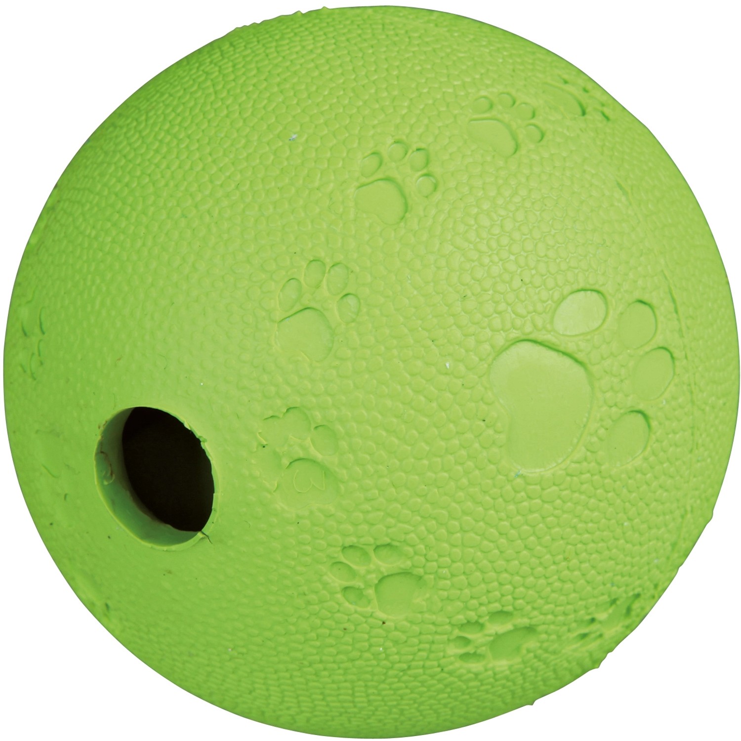 Grüner Jollypaw Snackball aus Naturgummi mit Pfotenabdruck und Loch für Leckerlis.