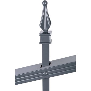 Detailaufnahme: Anthrazitfarbenes Zaunfeld Chaussee aus Aluminium, verstellbar, mit Zierelement.