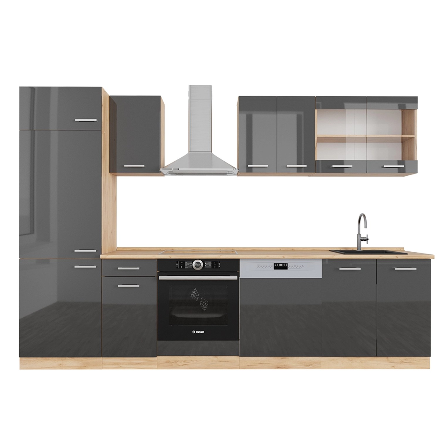 Vicco R-Line Küchenzeile Anthrazit Hochglanz/Goldkraft Eiche 300 cm ohne Ar günstig online kaufen