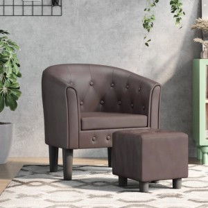 Brauner Clubsessel mit Fußhocker aus Kunstleder. Loungesessel mit Knopfheftung.
