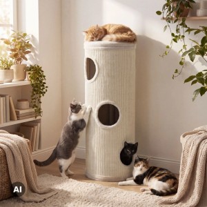 Fudajo Forest Kratztonne Weiß-Creme 106Cm Ø40Cm Kratzturm Kratzbaum Katzentonne