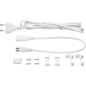 Zubehör für LED-Unterbauleuchte: Kabel, Schrauben und Halterungen in Weiß.